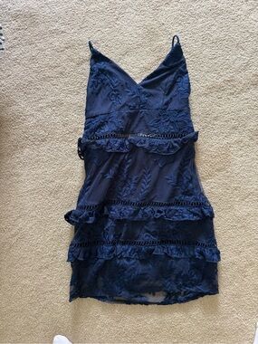 Hello Molly Navy Floral Lace Tiered Spaghetti Strap Dress